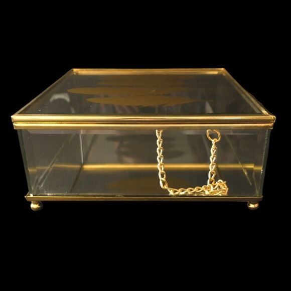 Feather Print Glass Trinket Box Vintage 90s Jewelry Gold Tone Western Bohemian - Picture 6 of 16